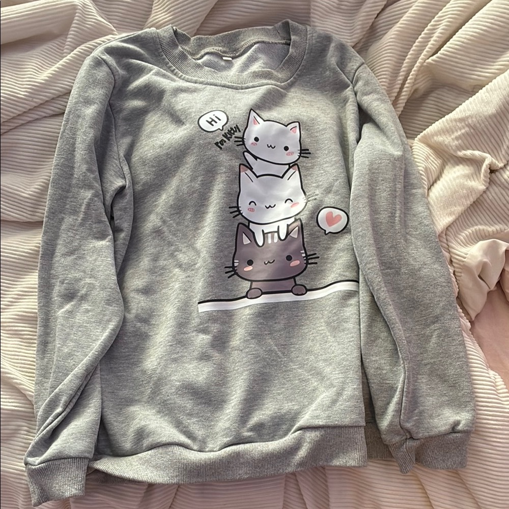 Gray Cat Print Sweatshirt